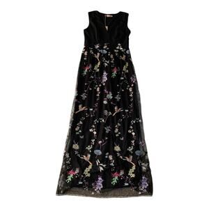 Carla Conti size large new black embroidered floral bird maxi formal dress